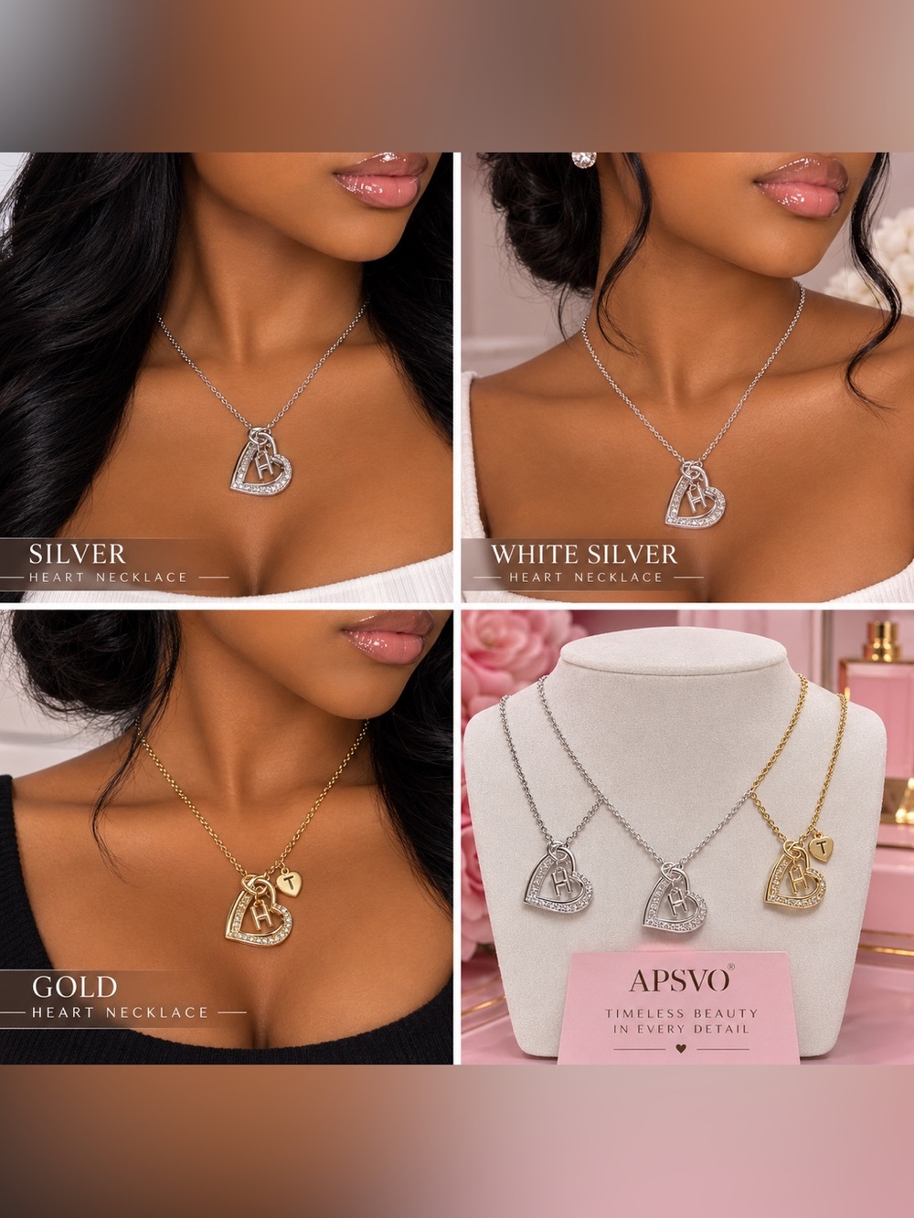 Heart Pendant Necklace - Silver, White Silver, Gold
